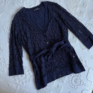New York &‎ Company women’s size large navy lace front button front cardigan